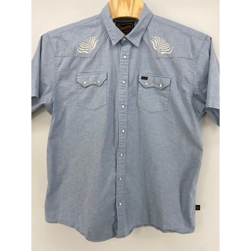 Howler Brothers Shirt Men Medium Blue Crosscut Deluxe Stripe Pearl Snap Seagrass